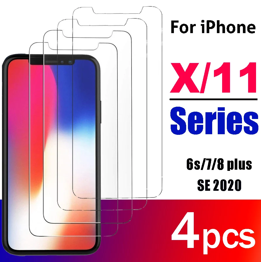 

4Pcs /2pcs Tempered Glass Screen Protectors for Iphone X XS 11 Pro Max XR 6 7 8 Plus SE 2020 Glass Screen Cover Guard Protector