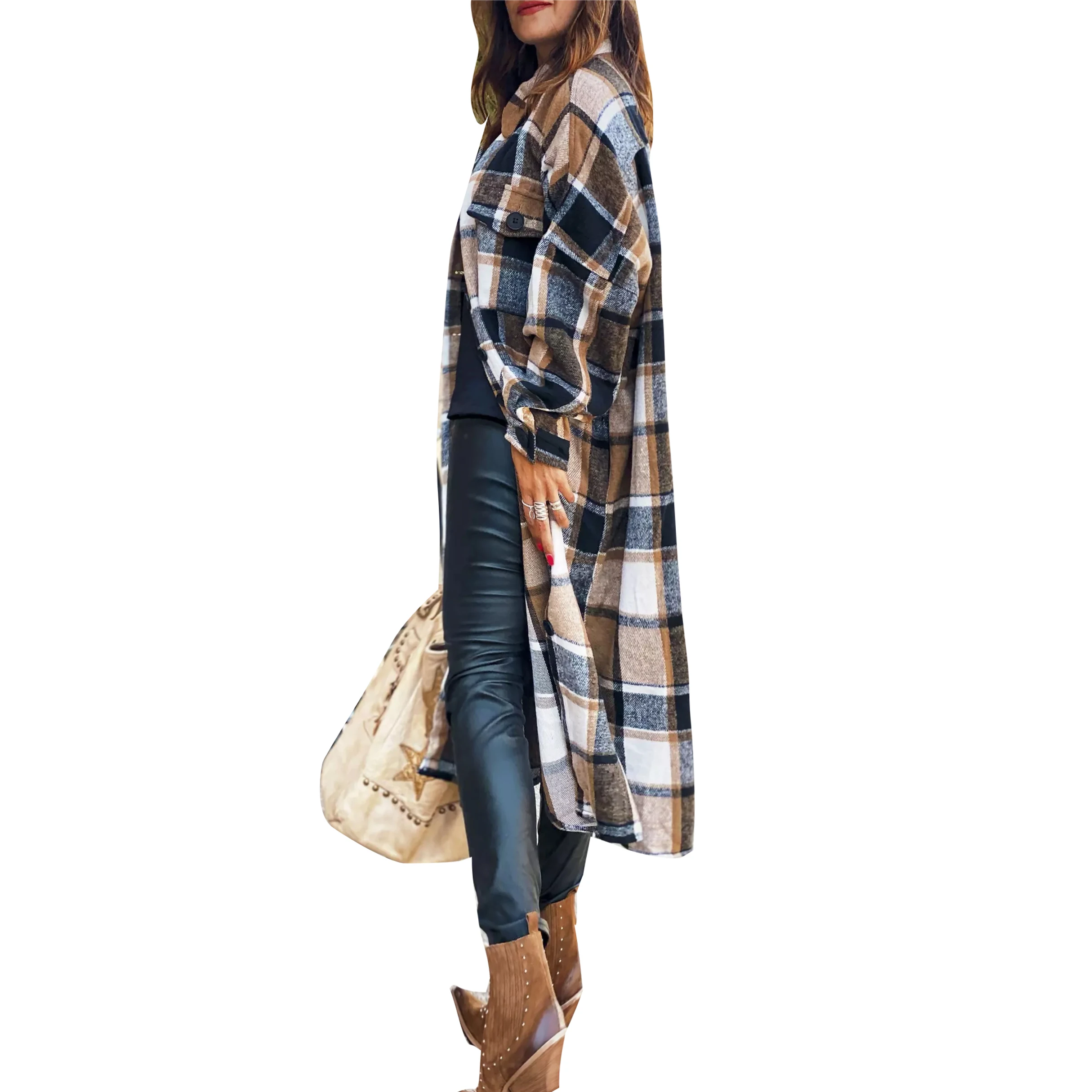 

Female Overcoat Long Jacket Plaid Turn-Down Collar Long Sleeve Woolen Coat Cardigan for Women Red/Brown S/M/L/XL Woman Fashion