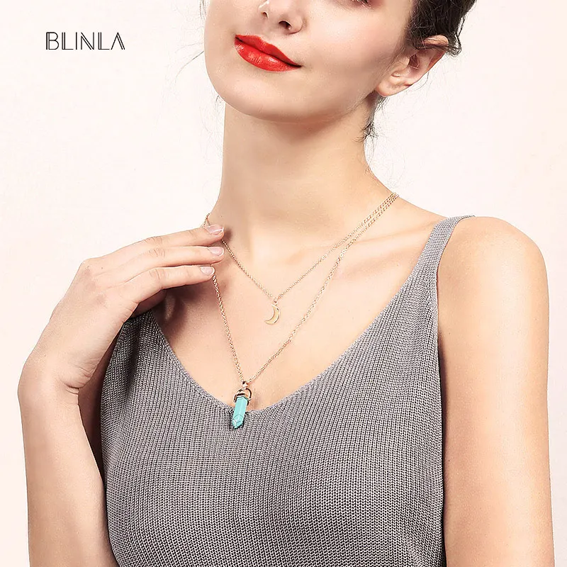 

BLINLA Fashion Vintage Natural Stone Gold Necklaces for Women Double Moon Bullet Shape Party Pendant Necklace 2019 Jewelry Gifts
