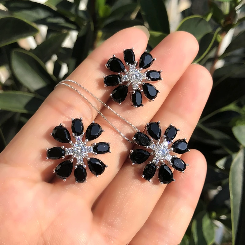 Роскошный набор украшений для женщин с зеленым цветком и кубическим цирконием