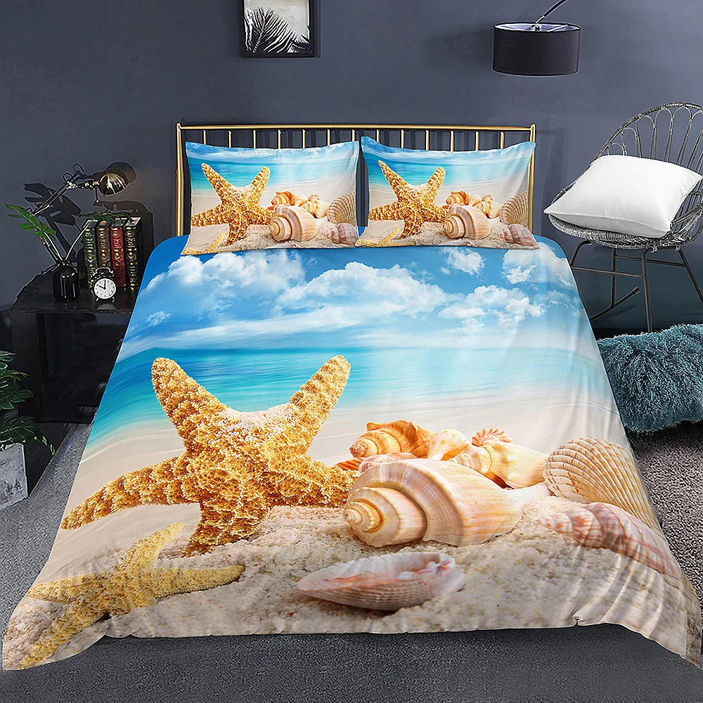 

Natural Starfish Conch Beach Pattern Printed Quilt Covers for Kids Children Bedroom Ocean World Duvet Cover Bedding Sets