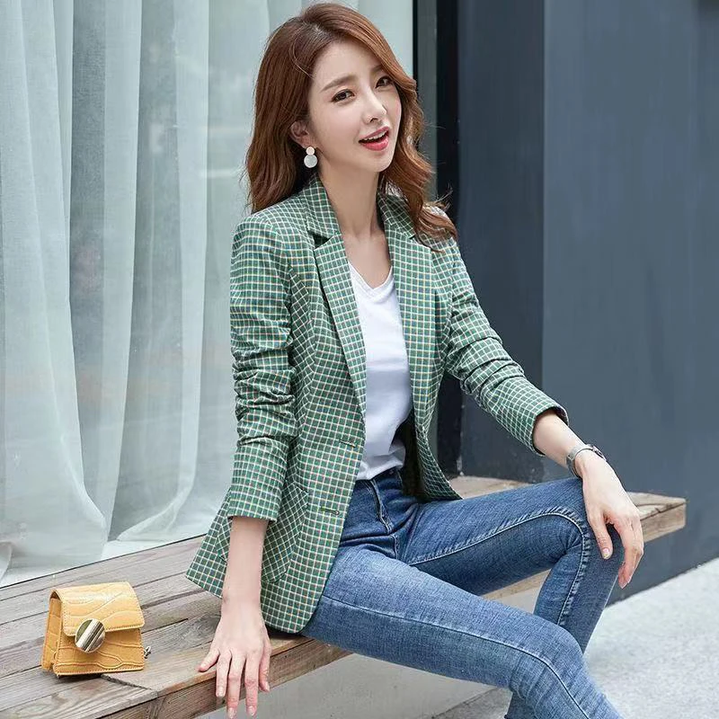 Винтажный двубортный офисный женский клетчатый блейзер с длинным рукавом