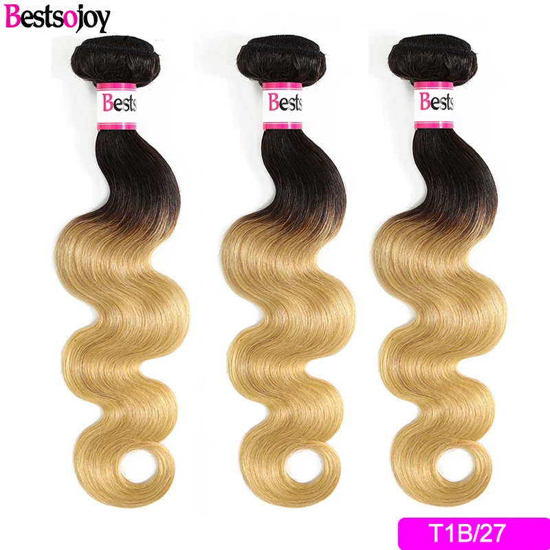 Bestsojoy 1/3/4pcs Brazilian Body Wave Hair Extensions Middle Ratio Remy Ombre 1b/27 1b/30 Burgundy 1b/99j Human Hair Bundles - Цвет: T1B/27