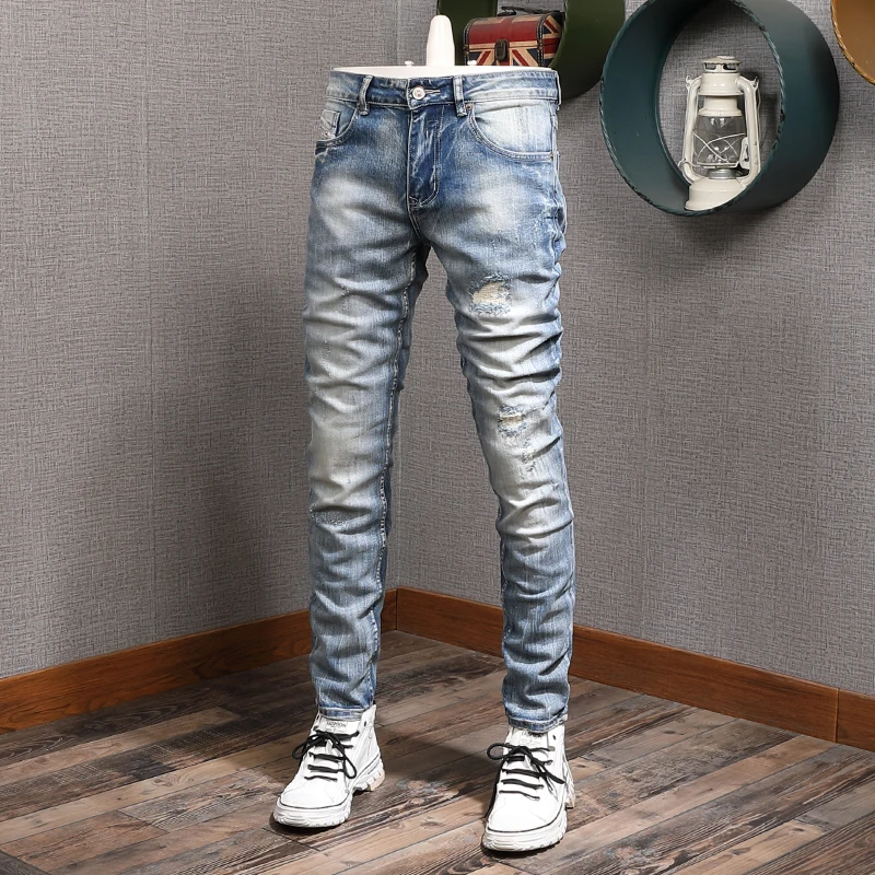 Classic Mens Light Blue Ripped Jeans Men Streetwear Casual Straight Slim Fit Pants Cotton Denim Trousers