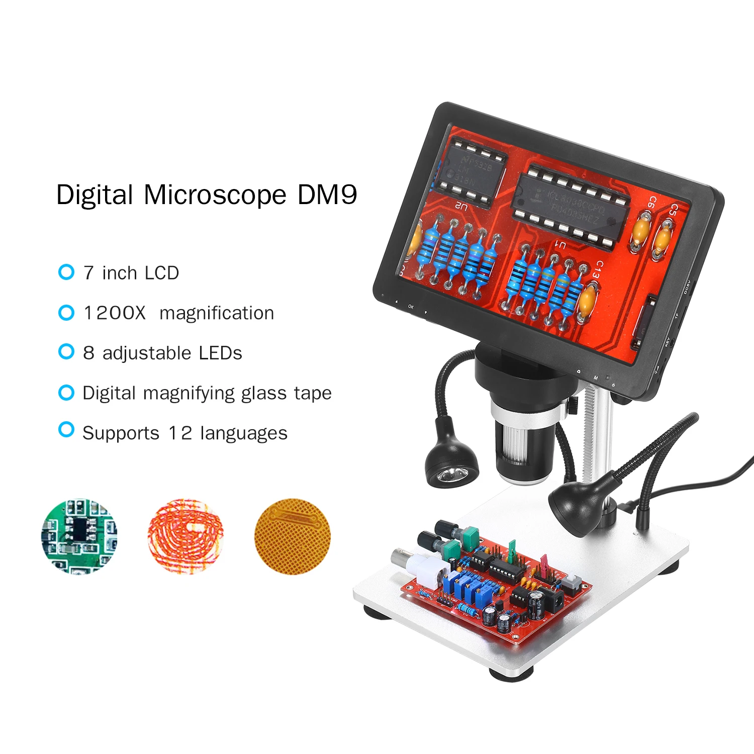 

7IN LCD Digital 1200X Magnification Rechargeable Video Camera Microscope with RC 8 Adjustable LED Light Magnifier with Holder