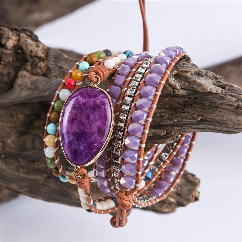Leather Wrap Bracelet Natural Stone Beaded 5X Layers Statement Art Christmas Jewelry Gifts Drop Shipping | Украшения и аксессуары