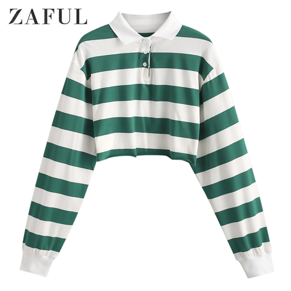 

ZAFUL Women Sweatshirts Contrast Striped Rainbow Half Button Crop Sweatshirt Short Polo Shirt Female Long Sleeve Autumn