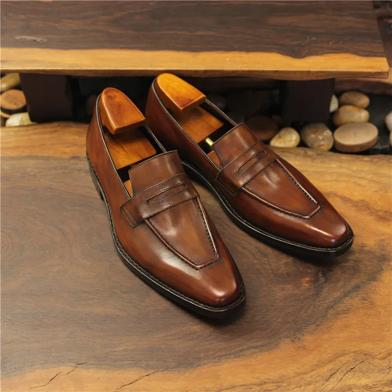 

Sipriks Italian Handmade Patina Brown Dress Shoes Men's Leather Sole Penny Loafers Slip On Formal Tuxedo Gents Suits Flats 45 46