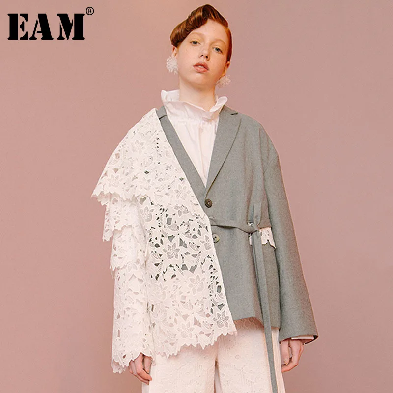 [EAM] Свободная куртка контрастного цвета с кружевом большой размер Новое Женское