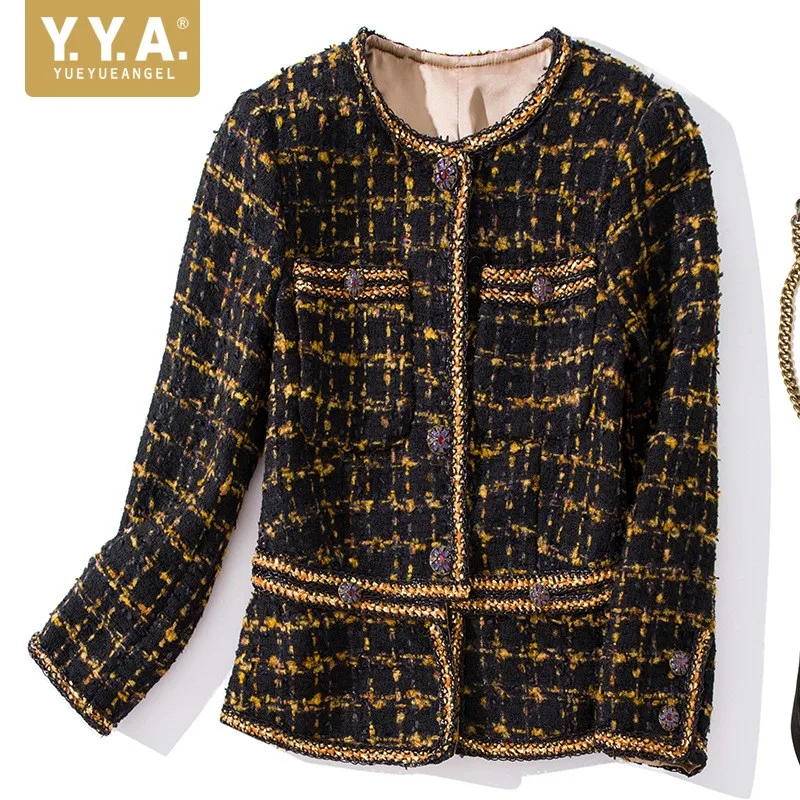 Роскошная женская твидовая куртка с круглым вырезом Осенняя шерстяная тонкая