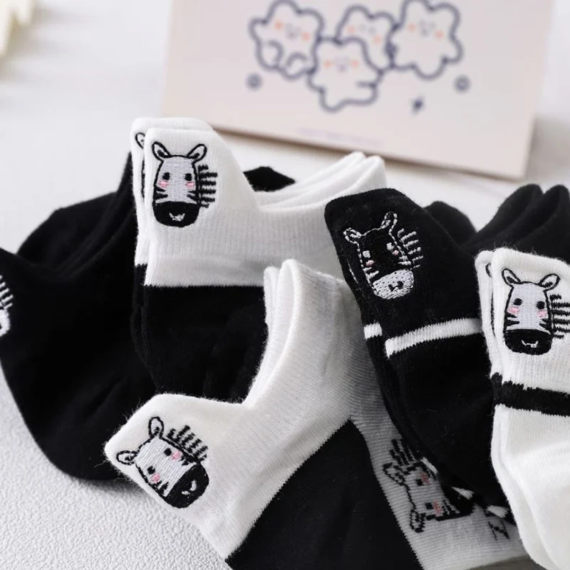 

3 Pairs Socks Set Women Black White Animal Embroidery Summer Thin Japanese Fashion Cotton Zebra Cow Print Cartoon Cow Cute Ankle