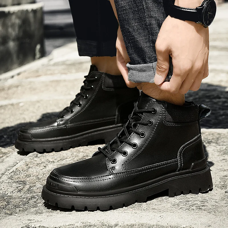 Мужские зимние ботинки, черные толстые тканевые ботильоны, мужские осенние  британские трендовые ботинки с высоким берцем, Корейская повседневная  мужская обувь, мужские ботинки | AliExpress