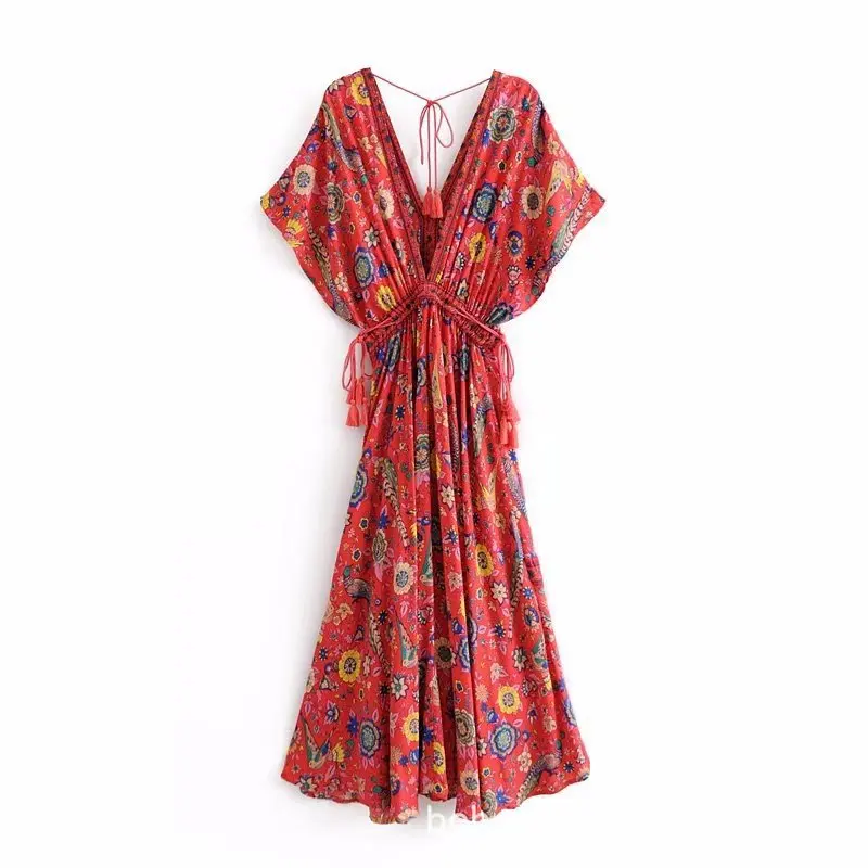 

New women's deep V-neck short sleeve tassel rope waist irregular hem Maxi Bohemia dress clothing
