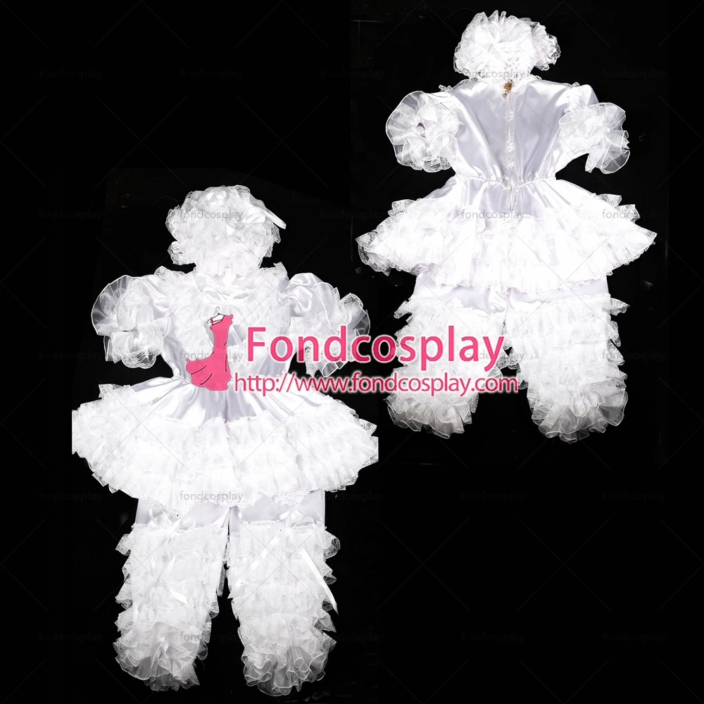 

fondcosplay adult sexy cross dressing sissy maid baby white satin organza Jumpsuit Romper Suit lockable Uniform hood[G2400]