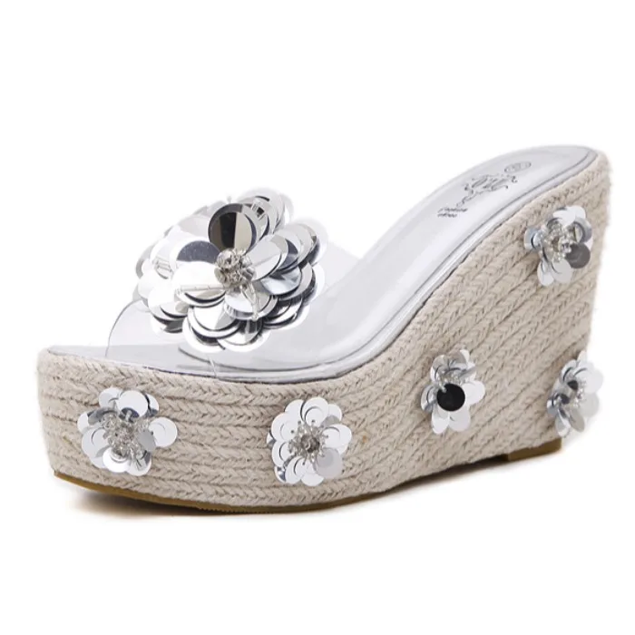 

Transparent Slippers Women's Shoes With Platform Glitter Slides On A Wedge Heeled Mules Pantofle Flower Shale Female Beach Jelly
