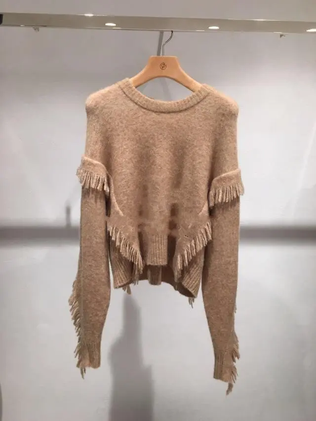 Осень Зима 2020 черный свитер новый с бахромой шерстяной пуловер из мохера