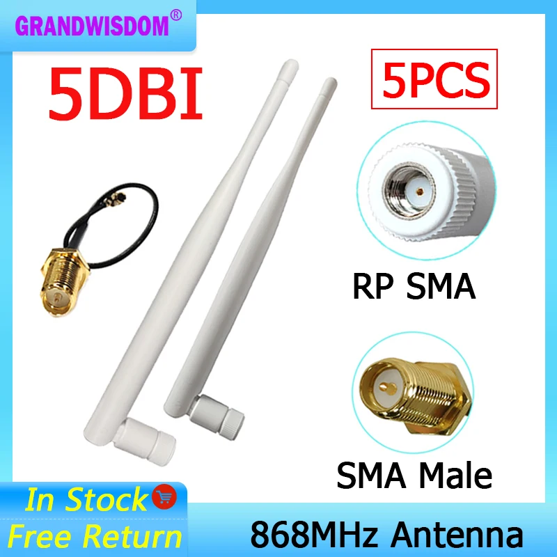 GRANDWISDOM 5pcs 868mhz antenna 5dbi sma female 915mhz lora module lorawan antene ipex 1 SMA male pigtail Extension Cable