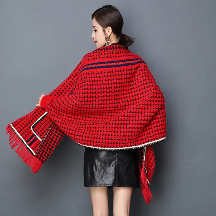 

Autumn and Winter Wear with Sleeve Thousand Bird Pattern Women's Knitted Coat Loose Tassel Fashion Mink Like Cape