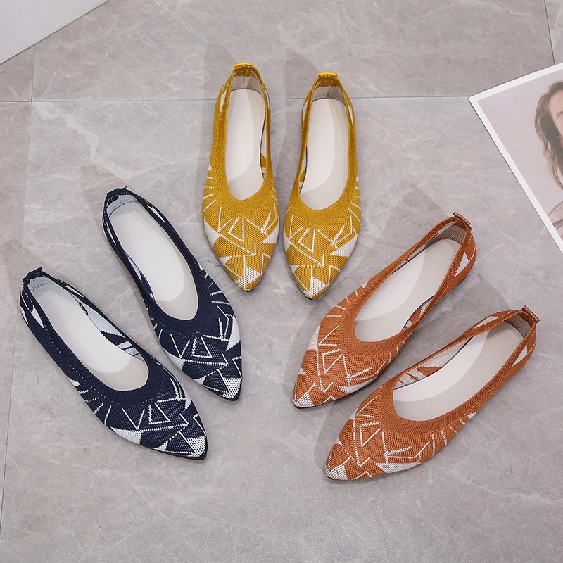 

Ballet Flats Women Luxury Knitted Shallow Loafers 2021 Designer Shoes Geometric Pointed Toe Moccasins Ladies Zapatos De Mujer