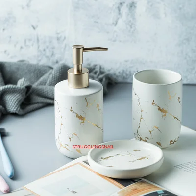 ceramic bathroom accessory set washing tools water bottle mouthwash cup imitation marble soap dish toothbrush holder free global shipping