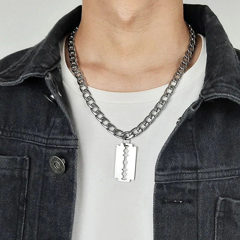 

Rock Punk Chunky Heavy Blade Pendant Necklaces for Men Never Fade Stainless Steel Solid Metal Curban Chain Retro Gothic Jewelry