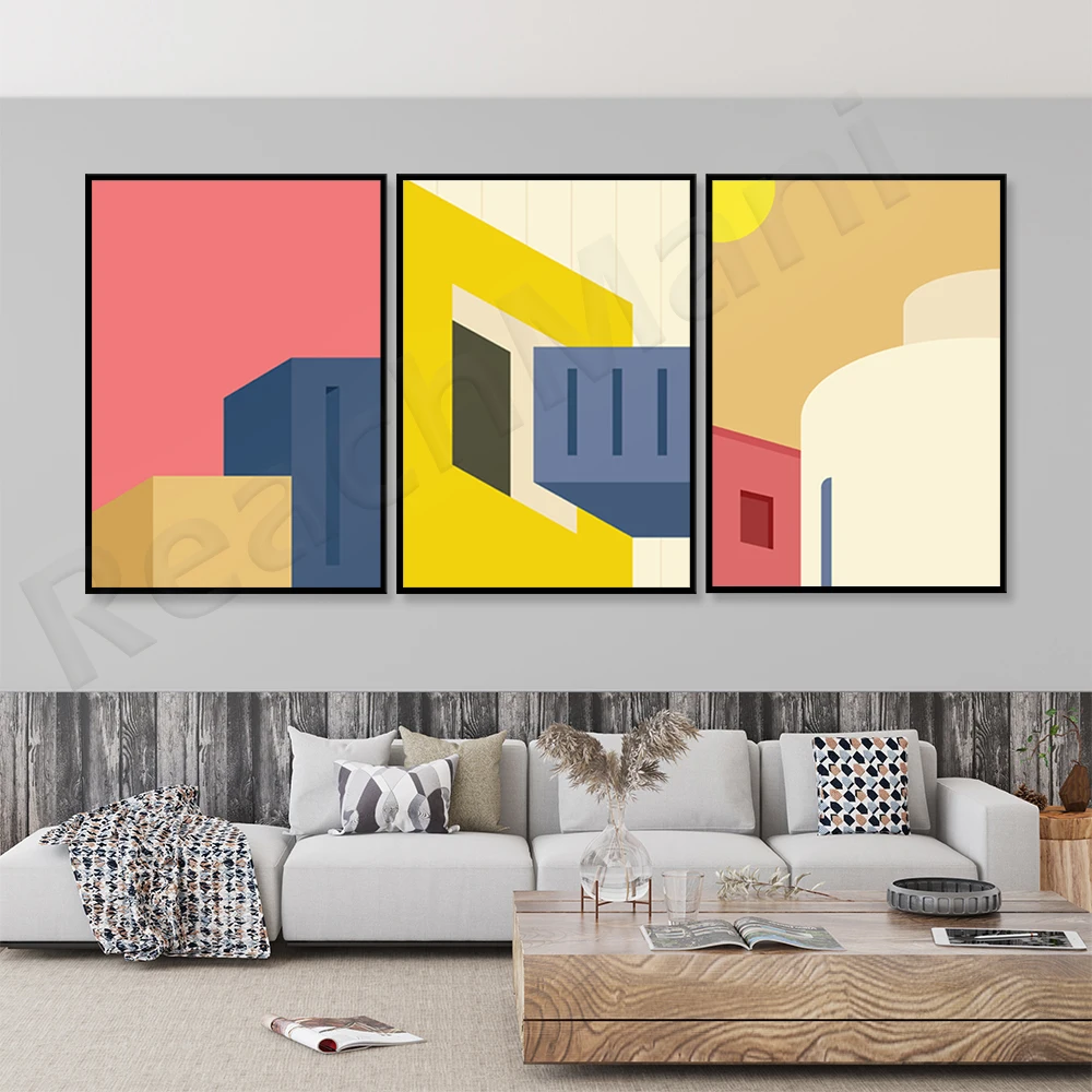 

Modern architecture, retro architecture, 60's color, 70's style, pastel color architectural decoration canvas print poster