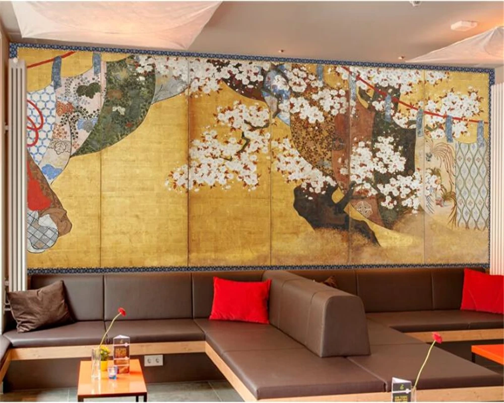 wellyu Custom wallpaper 3d mural обои Japanese style ukiyo-e cherry blossom hand-painted six screen mural oil painting wallpaper