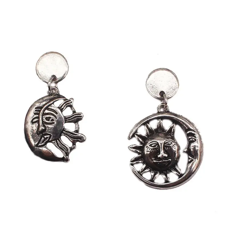 

Gothic Sun Moon Asymmetric Drop Earrings Vintage Antique Silver Dangling Jewelry