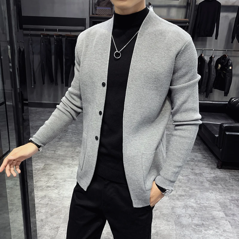 

Cardigan Mens Clothing Fashion 2021 Spring Button Decor Korean Sweater Men Front Pocket Loose Casual Mens Cardigan Coats