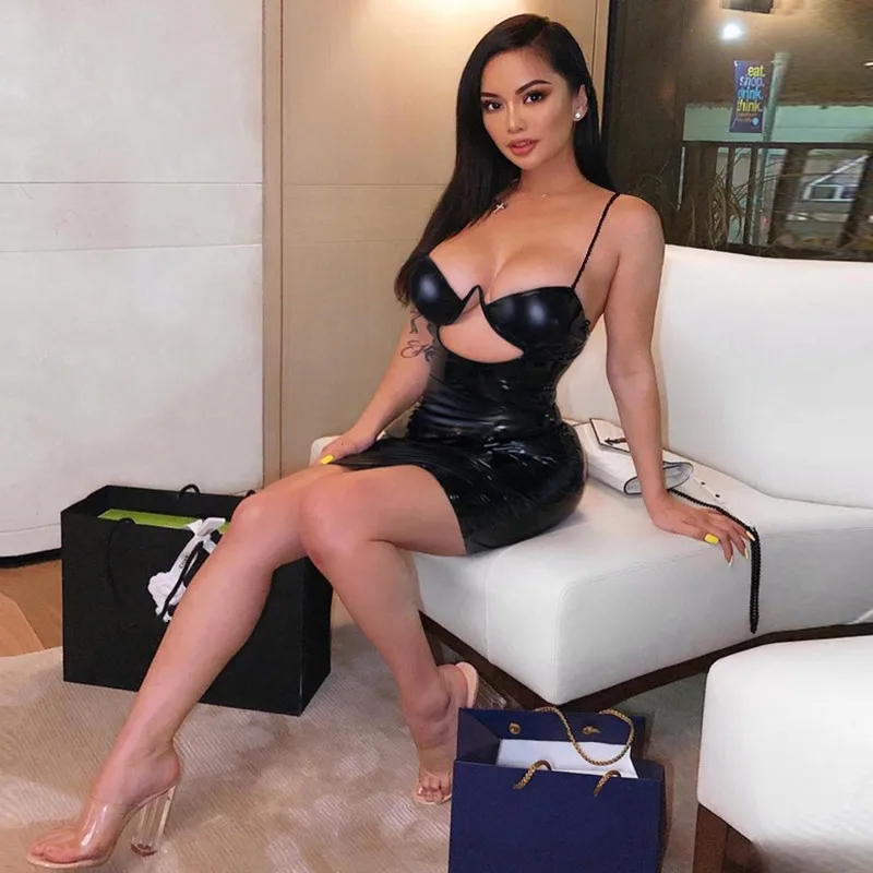 

Женское облегающее мини-платье из ПУ кожи, черное однотонное ажурное платье на бретелях-спагетти с высокой талией, лето 2023