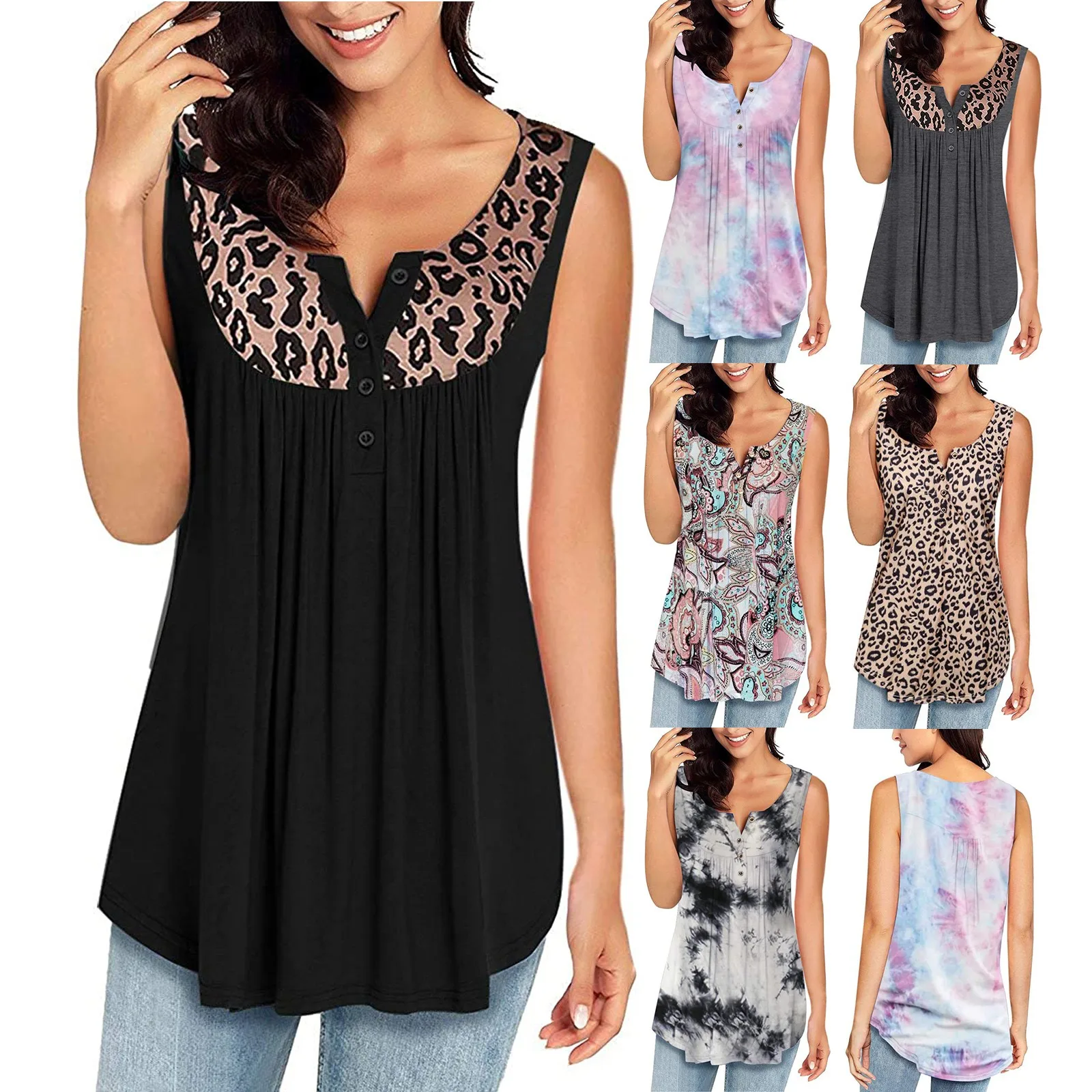 

Женский леопардовый топ на пуговицах, летний Простой Топ с V-образным вырезом, Повседневная Свободная длинная футболка без рукавов, Новые ма...
