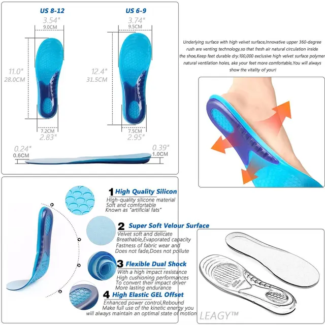 Silica Gel Orthotic Elastic Insoles Arch Support Shoe Pad Sport Running Gel Insoles Insert Cushion for Men Women Size 33-48 3