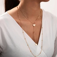 new creative fashion personality multi layer round beads chain metal heart tassel pendant necklace women clavicle jewelry