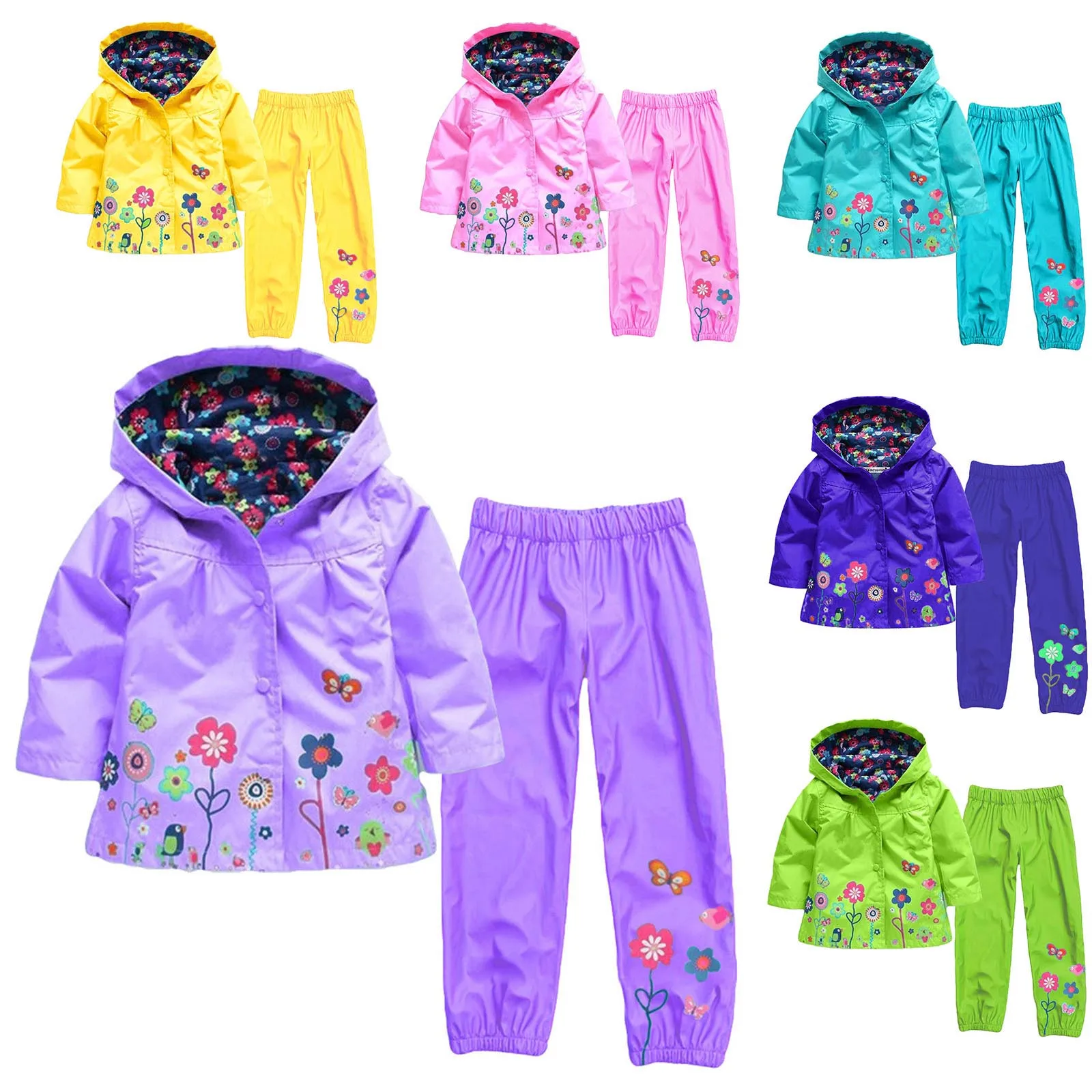 

18M-5Y Kids Coats For Girls Set Toddler Baby Girls Long Sleeve Floral Coat Windproof Rainproof Hooded Jacket Trousers Suit #4