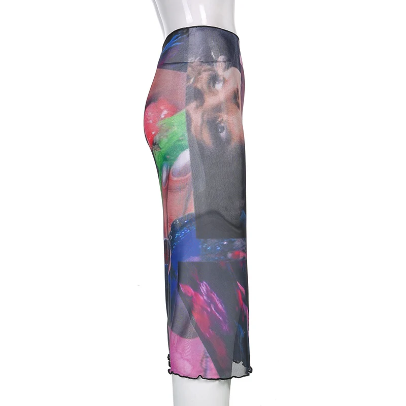 

BIIKPIIK Women Mesh See Through Skirts Print Straight Sexy Clubwear Summer Long Skirt Casual Beach Female Vacation Outifits