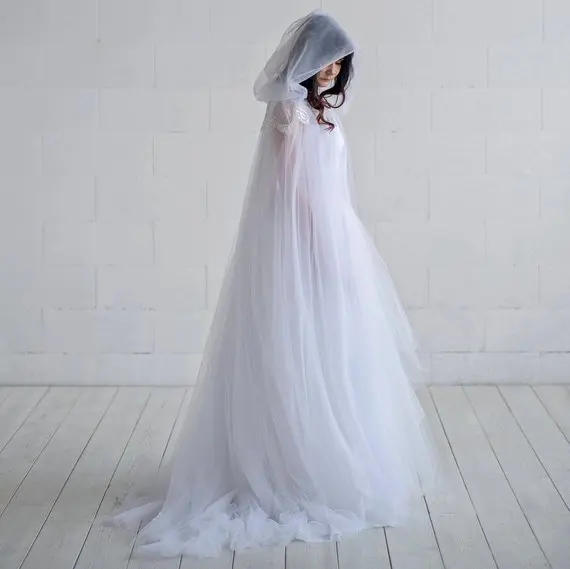 

White/Ivory Long soft tulle Bridal Cape with cap