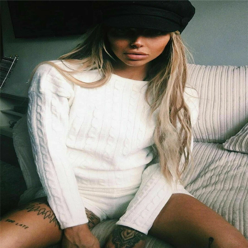 New Autumn Winter sweather set Fashion 2PCS Women Cable Knit Off Shoulder Crop Top Lounge Dress Ladies wear Casual Tracksuit Set |