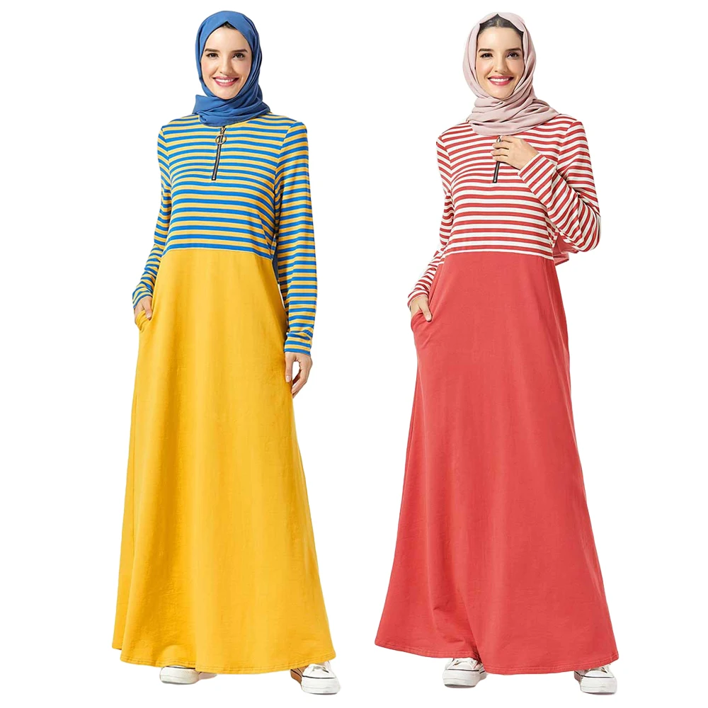 

Женское платье макси в полоску, с молнией спереди и длинными рукавами