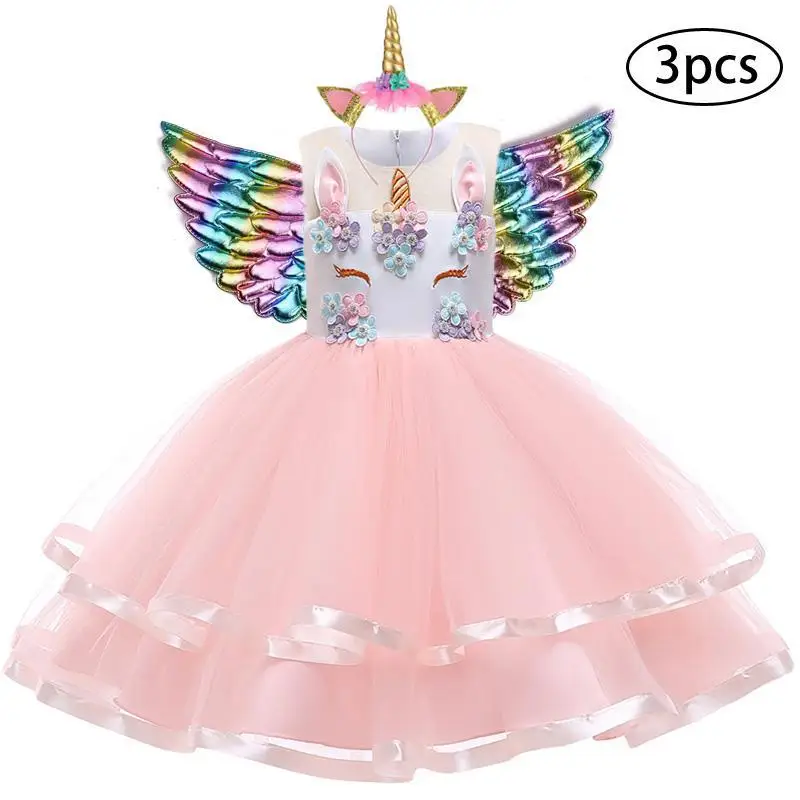 New Girls Dress 3pcs Kids Dresses For Girl Unicorn Party Christmas Carnival Costume Child Princess 3 5 6 8 9 10 Year | Детская одежда и
