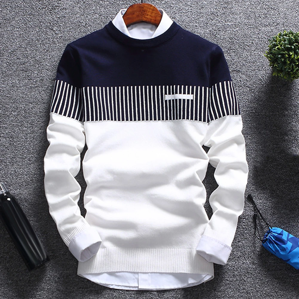 

Fashion Men Color Block Patchwork O Neck Long Sleeve Knitted Sweater Top Blouse