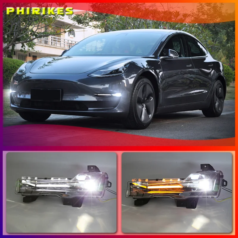 

For Tesla Model 3 Model Y 2017-2021 LED Front Bumper Fog Lamp Day Daytime Running Light Car Turn Signal Drive Indicator