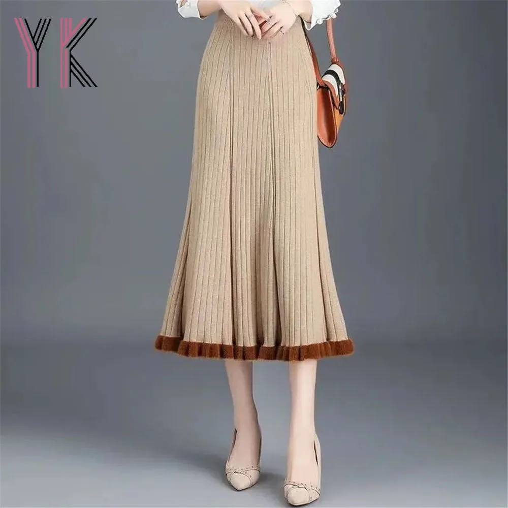 

Knitting Wool Faux Fur Stitching High Waist Long Skirts Drape Autumn Winter Warm Elegant Sukienka Loose Stretch Pleated Mom Saia