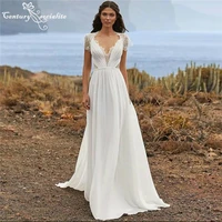 boho wedding dresses for women 2021 v neck lace chiffon short sleeve bohemian bridal gowns beach bride dress vestido de noiva