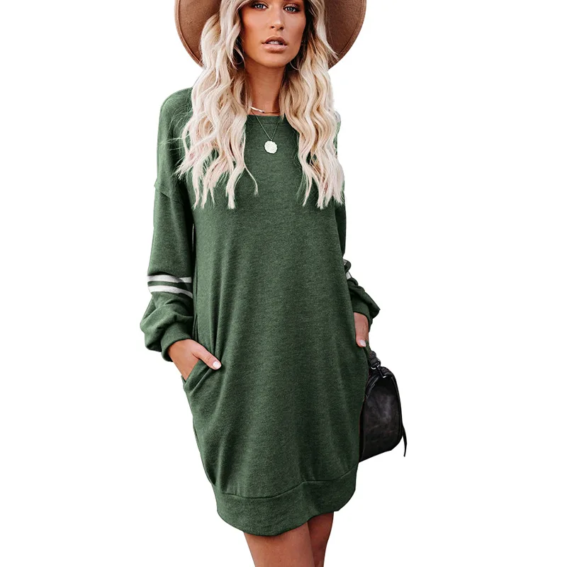 

Patchwork Dress Women Autumn Long Sleeve Pocket Casual Mini Loose Pullover Dresses Oversize O-Neck Solid Color Streetwear Femme