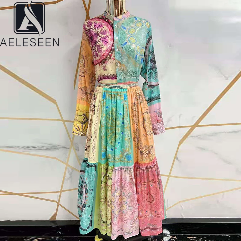 

AELESEEN High Quality 100% Cotton Sets Spring New Arrival Elegant Long Shirt+Party Skirt Colorful Print 2 Pieces Sets Women