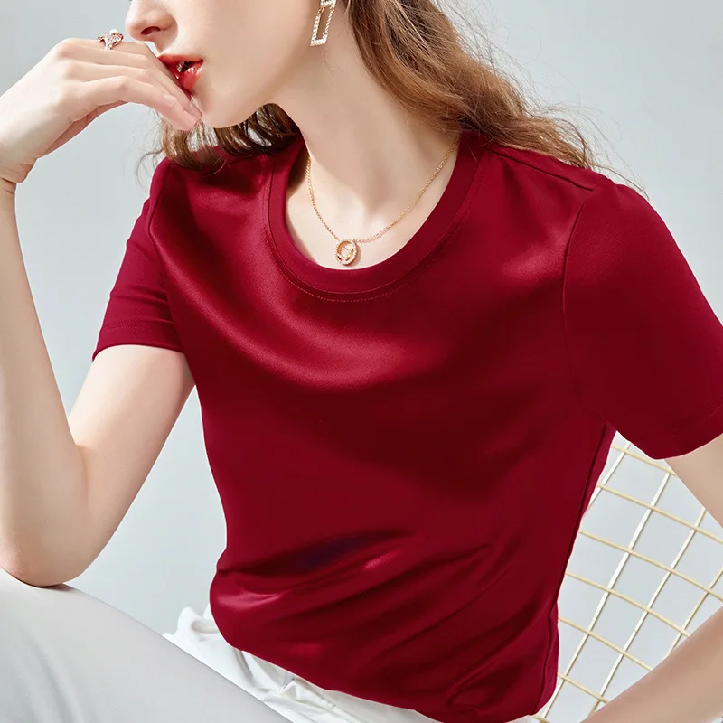 

Acetate Satin Top Design Loose Korean Style 2021 Summer New Silk Stitching Solid Color Short-sleeved Chiffon Shirt Blouses C0030