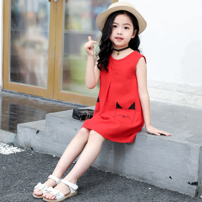 2021 Summer Girls Dresses Cotton Vest 2-11Y Cat Print Style Color Green Red For Kids | Детская одежда и обувь