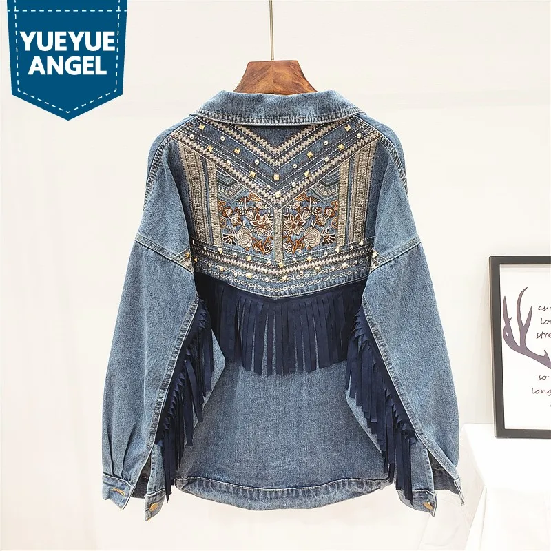 

Fashion Tassel Embroidery Denim Short Coat Women Vintage Rivets Loose Boyfriend Jacket Streetwear Spring Autumn Outerwear S-L