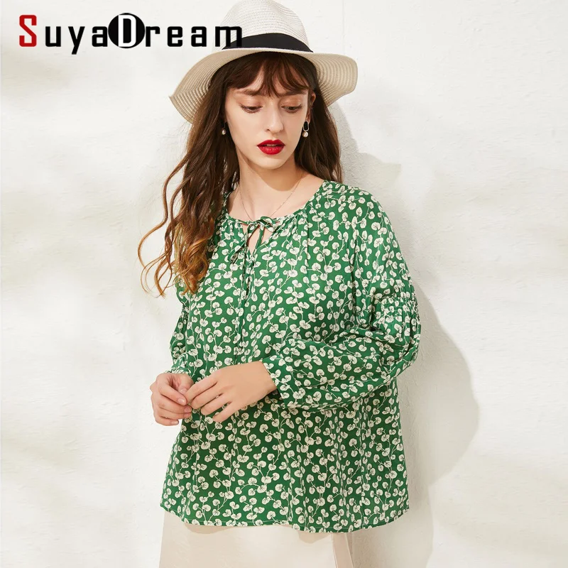 Женская офисная блузка SuyaDream зеленая шелковая с длинными рукавами круглым