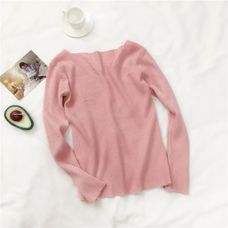 

Spring Autumn Women's Sweaters Korean V-neck Solid Color Knitted Long Sleeve Top New Slim Thin All-match Base Shirt GX736